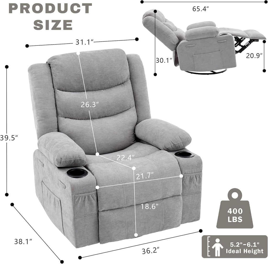 Swivel Rocker Recliner Chair, Manual Recliner Single Sofa with Cup Holders and Side Pocket, Chenille Fabric, Upholstered Nursery Rocking Chair for Living Room, Bedroom, Grey