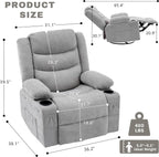 Swivel Rocker Recliner Chair, Manual Recliner Single Sofa with Cup Holders and Side Pocket, Chenille Fabric, Upholstered Nursery Rocking Chair for Living Room, Bedroom, Grey