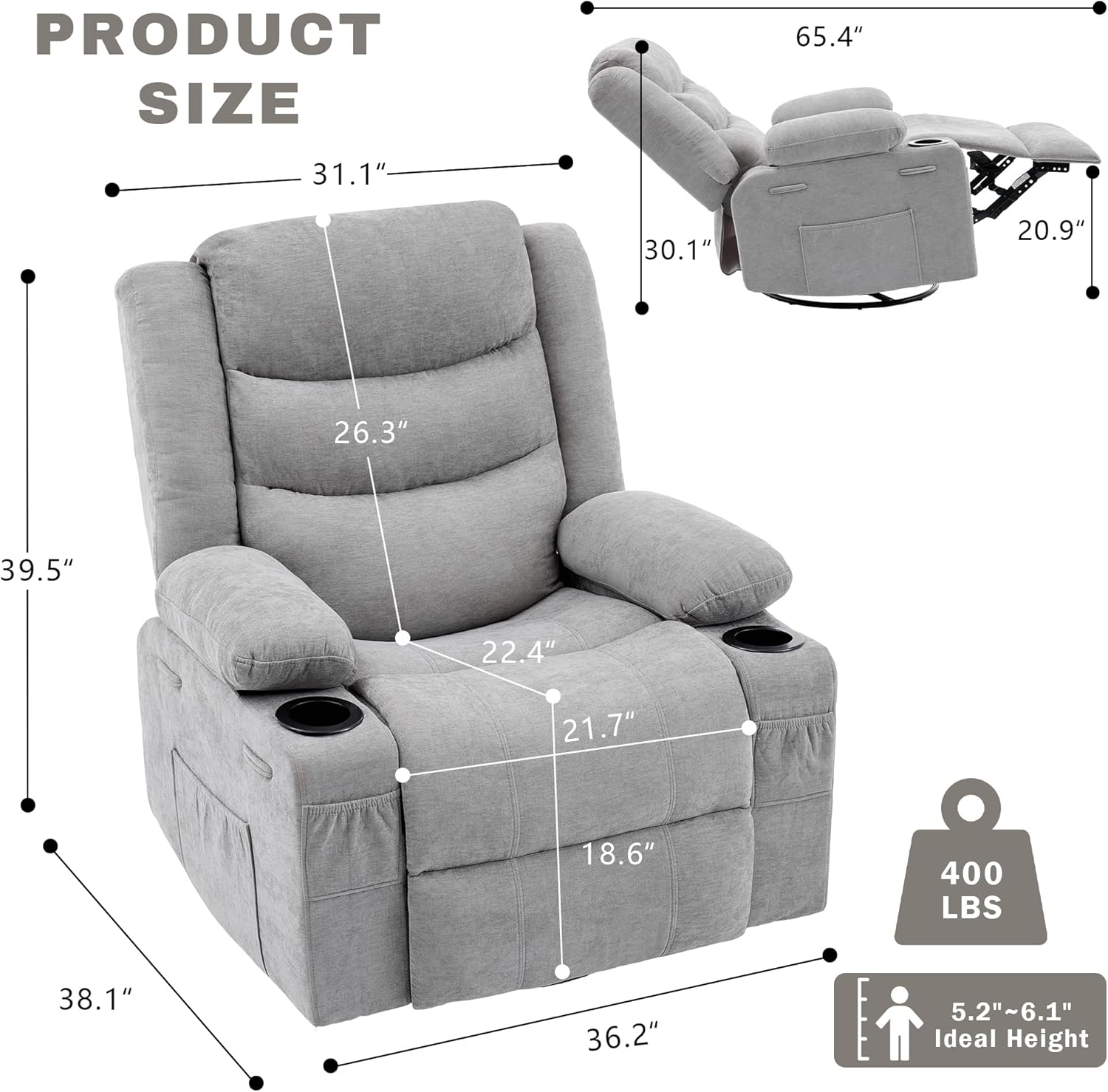 Swivel Rocker Recliner Chair, Manual Recliner Single Sofa with Cup Holders and Side Pocket, Chenille Fabric, Upholstered Nursery Rocking Chair for Living Room, Bedroom, Grey