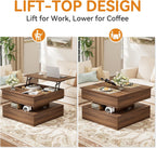 FABATO Lift Top Coffee Table with Storage and Hidden Compartment, Wood Square Coffee Table for Living Room, 31.5'' Small Center Table with Open Display Shelf for Dining Reception Room, Walnut