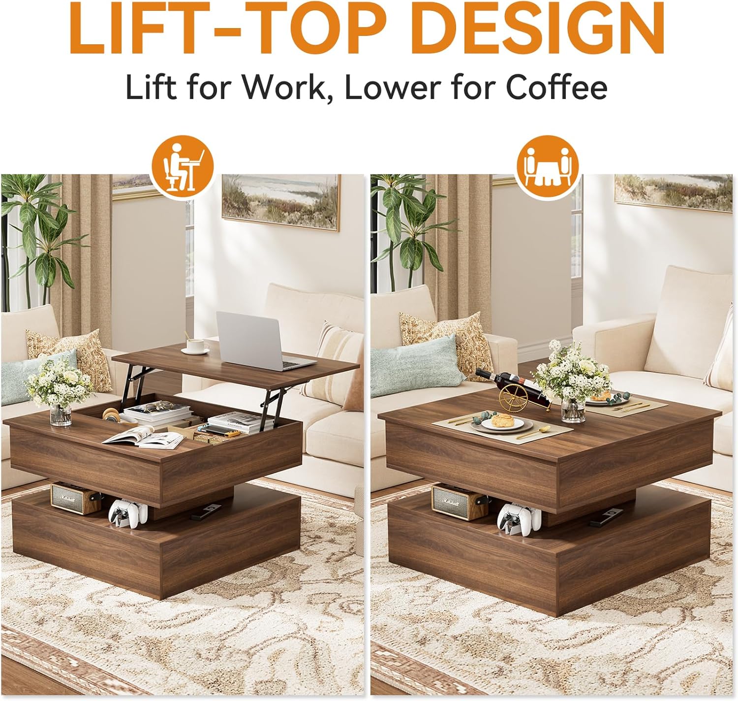 FABATO Lift Top Coffee Table with Storage and Hidden Compartment, Wood Square Coffee Table for Living Room, 31.5'' Small Center Table with Open Display Shelf for Dining Reception Room, Walnut