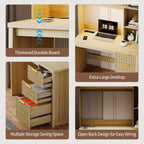 FREDEES LED Study Desk with Hutch, Home Office Desk with Charging Station & Storage Drawer, 70'H Writing Table with Glass Display Cabinet, 3 Color Light Computer Desks for Study, Wood