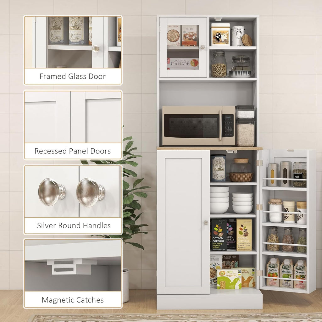 66.5" Kitchen Pantry Cabinet - Microwave Stand & Storage, 8 Shelves, White