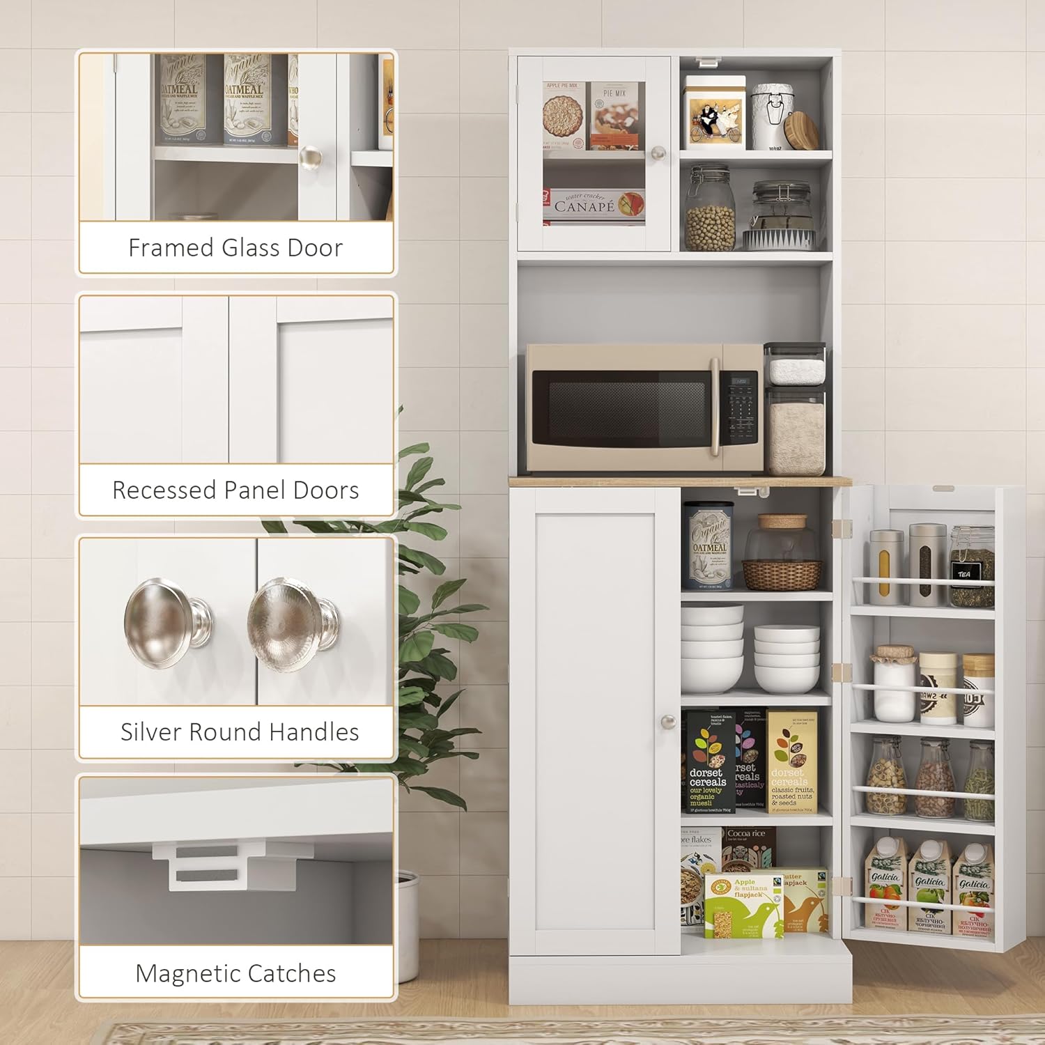 66.5" Kitchen Pantry Cabinet - Microwave Stand & Storage, 8 Shelves, White