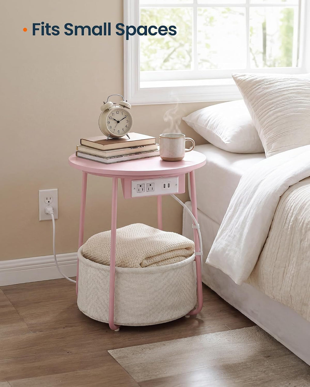 SONGMIC HOME Round Side End Table, Nightstand with Charging Station and Fabric Basket, for Living Room, Pink and White