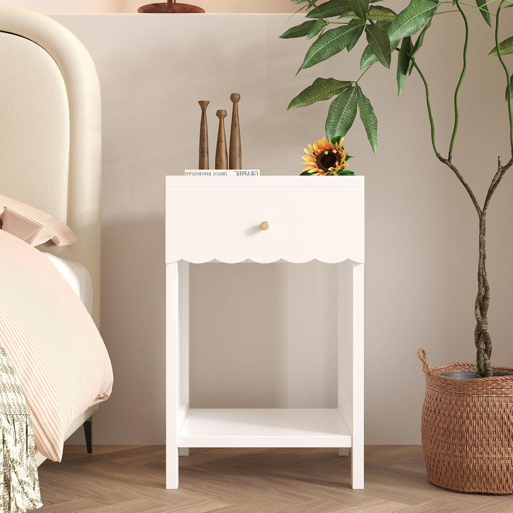 Kids Night Stand, Modern Nightstand with Drawer and Open Shelf, Scalloped Edge Small End Side Table for Living Room, Cute Minimalist Bedside Table for Kids Room or Girls' Room, White