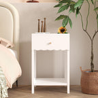 Kids Night Stand, Modern Nightstand with Drawer and Open Shelf, Scalloped Edge Small End Side Table for Living Room, Cute Minimalist Bedside Table for Kids Room or Girls' Room, White