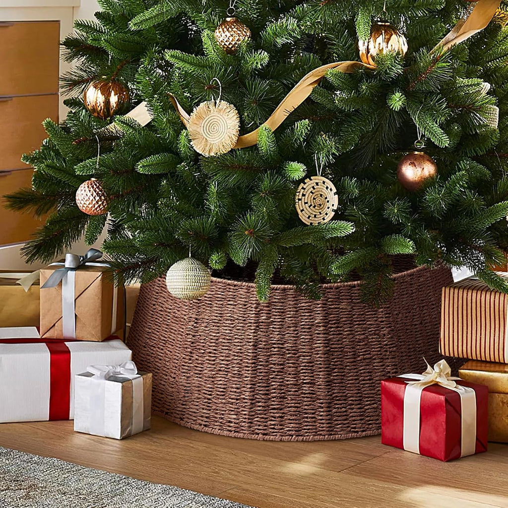 Hommtina Christmas Tree Collar- 33",Christmas Tree Base Christmas Basket Collar for Home, Living Room,for Covering Tree Stand (Brown3, 33 in)