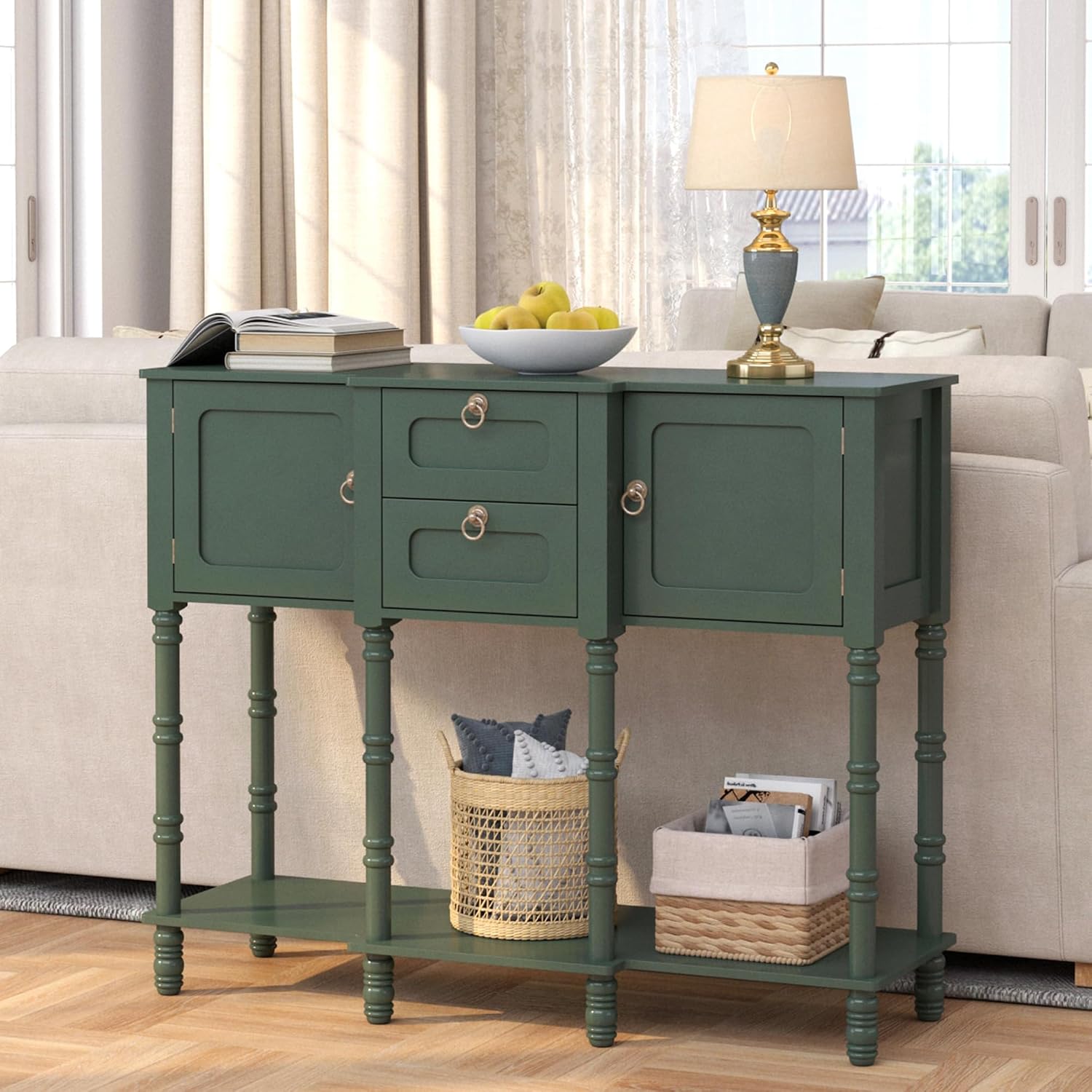 Green Entryway Table with Storge, Mid-Century Modern Console Table with 2 Drawers, Retro Narrow Long Behind Couch Sofa Table for Living Room, Foyer, Hallway