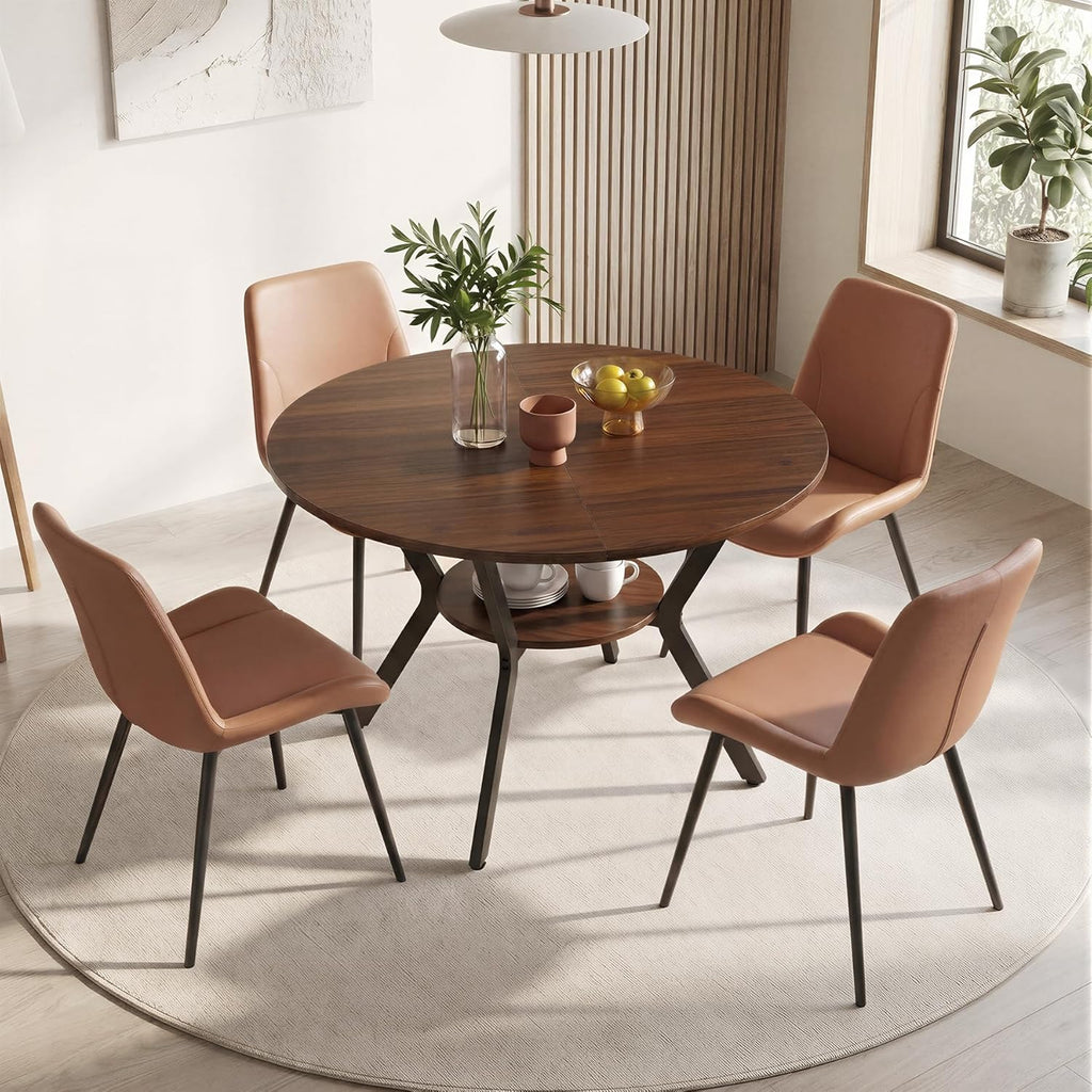 Miereirl 42.13" 5-Piece Round Dining Table Set for 4, Kitchen Table Set with 4 Upholstered Chairs and Storage Shelf, Dining Room Furniture Set for Apartment, Small Spaces
