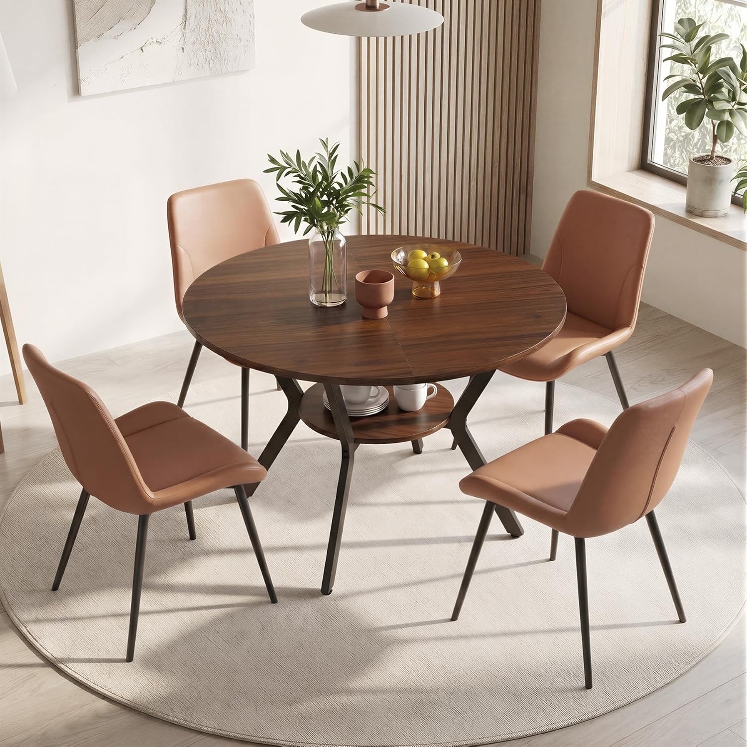 Miereirl 42.13" 5-Piece Round Dining Table Set for 4, Kitchen Table Set with 4 Upholstered Chairs and Storage Shelf, Dining Room Furniture Set for Apartment, Small Spaces