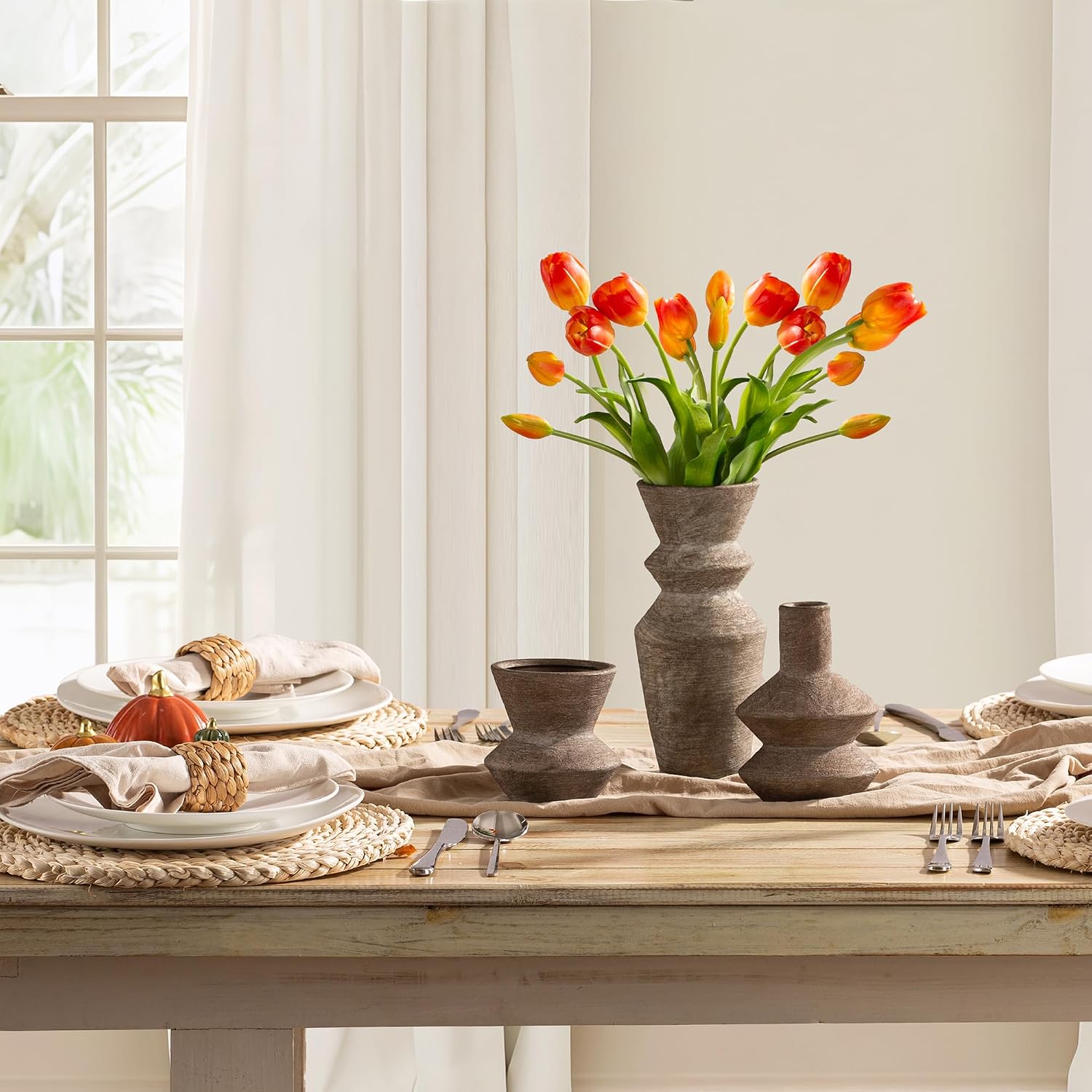 Ceramic Vase Home Table Decor - Brown Flower Vase Set of 3 Living Room Kitchen Decorations Farmhouse Modern Rustic Vases Decorative Centerpiece for Shelf Bedroom Office Bathroom Dining Coffee Desk