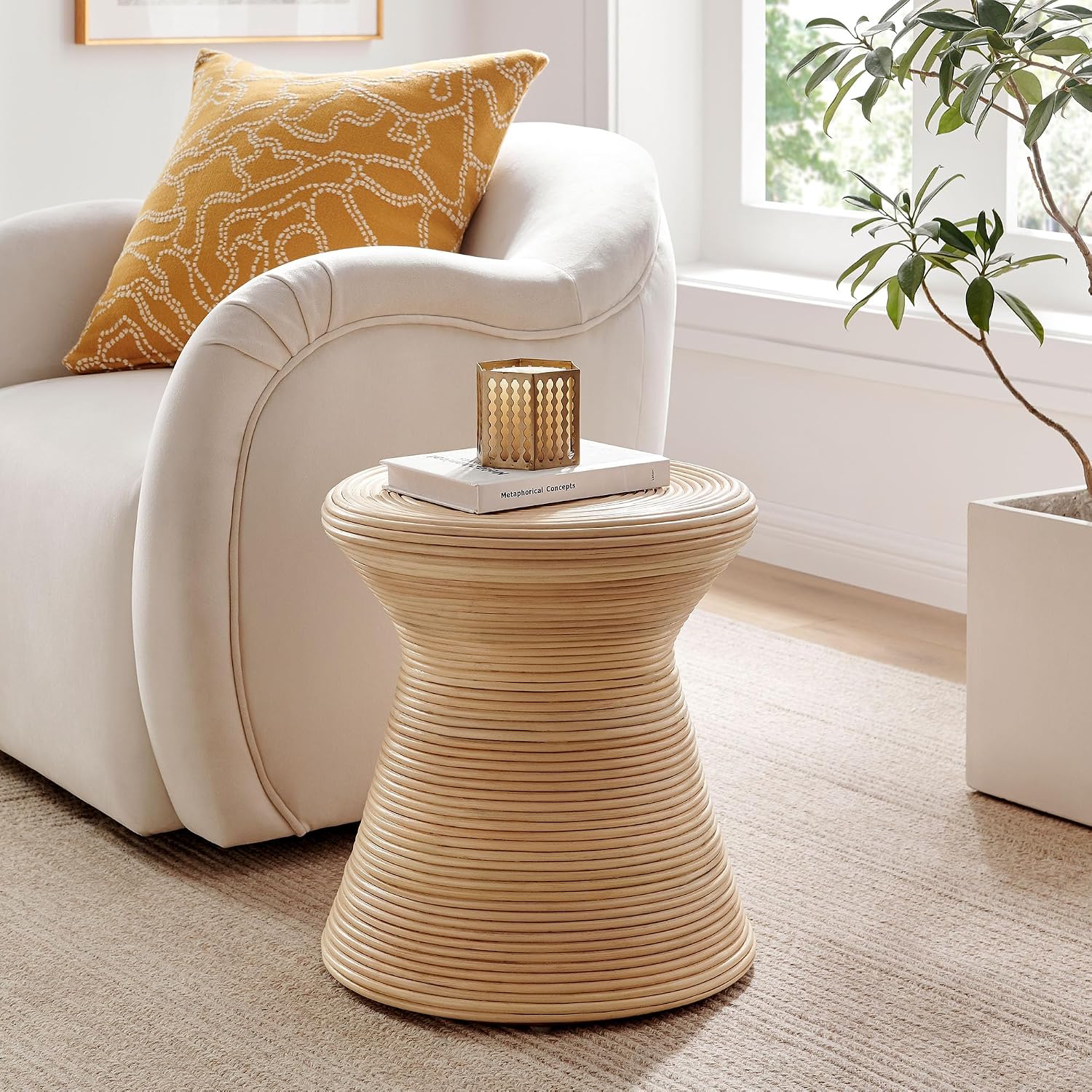 Modway Tavi Natural Rattan Hourglass Round Side Table in Natural – 16 Inch Small Accent End Table for Living Rooms, Bedrooms, or Covered Patios