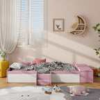 Twin Size Velvet Upholstered Floor Daybed with Stairs, Gas Lift Storage Ottoman and Padded Guardrails for Kids (Pink+White, Twin)