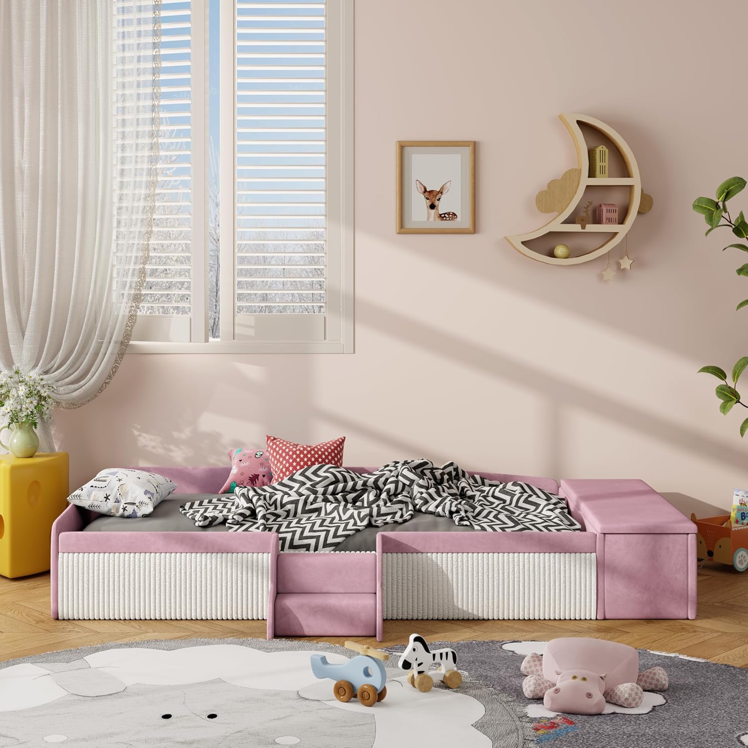 Twin Size Velvet Upholstered Floor Daybed with Stairs, Gas Lift Storage Ottoman and Padded Guardrails for Kids (Pink+White, Twin)