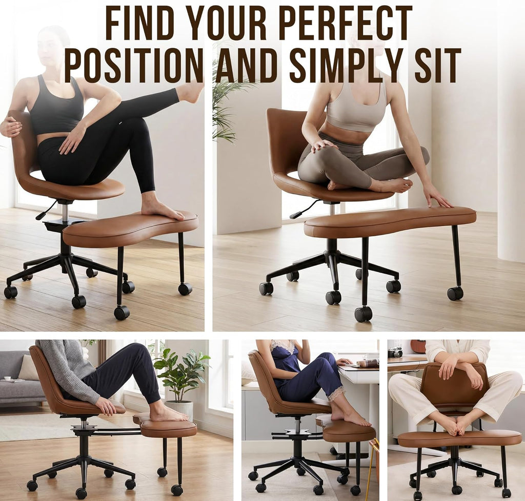Ergonomic Cross Legged Office Chair with High Lumbar Support - Adjustable Height Kneeling Desk Chairs for Meditation, ADHD & Yoga - Wide Criss Cross Chair with Wheels, Brown
