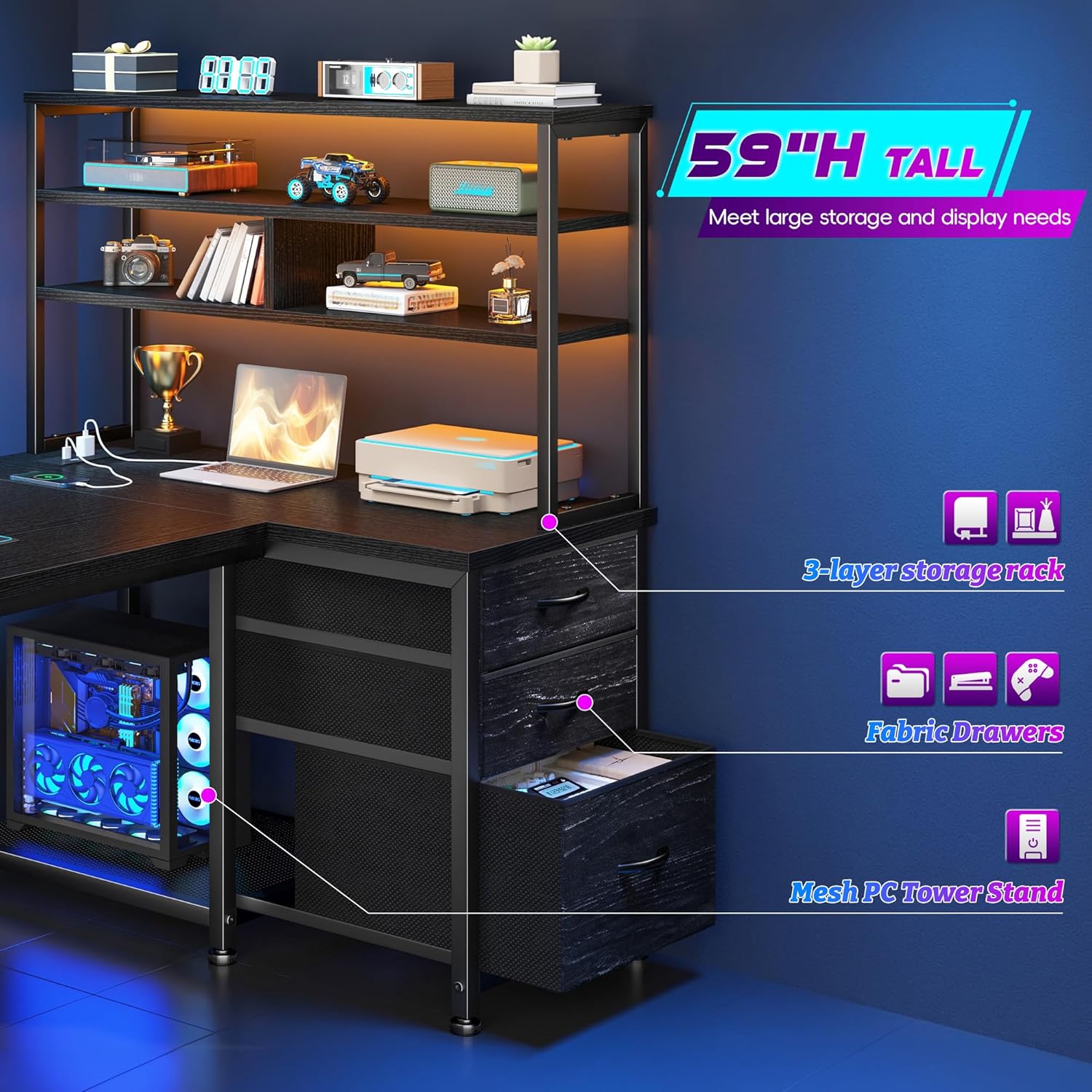55''Gaming Desk L Shaped Desk with 3 Fabric Drawers & Shelves, Reversible Computer Desk with Remote LED Lights, Power Outlet and PC Stand of Home Office Desk for Bedroom,Dorm,Gaming Room,Black