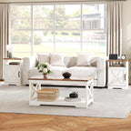 AMERLIFE 3-Piece Farmhouse Living Room Table Set with Coffee Table & 2 End Tables, Charging Station & USB Ports, Distressed White