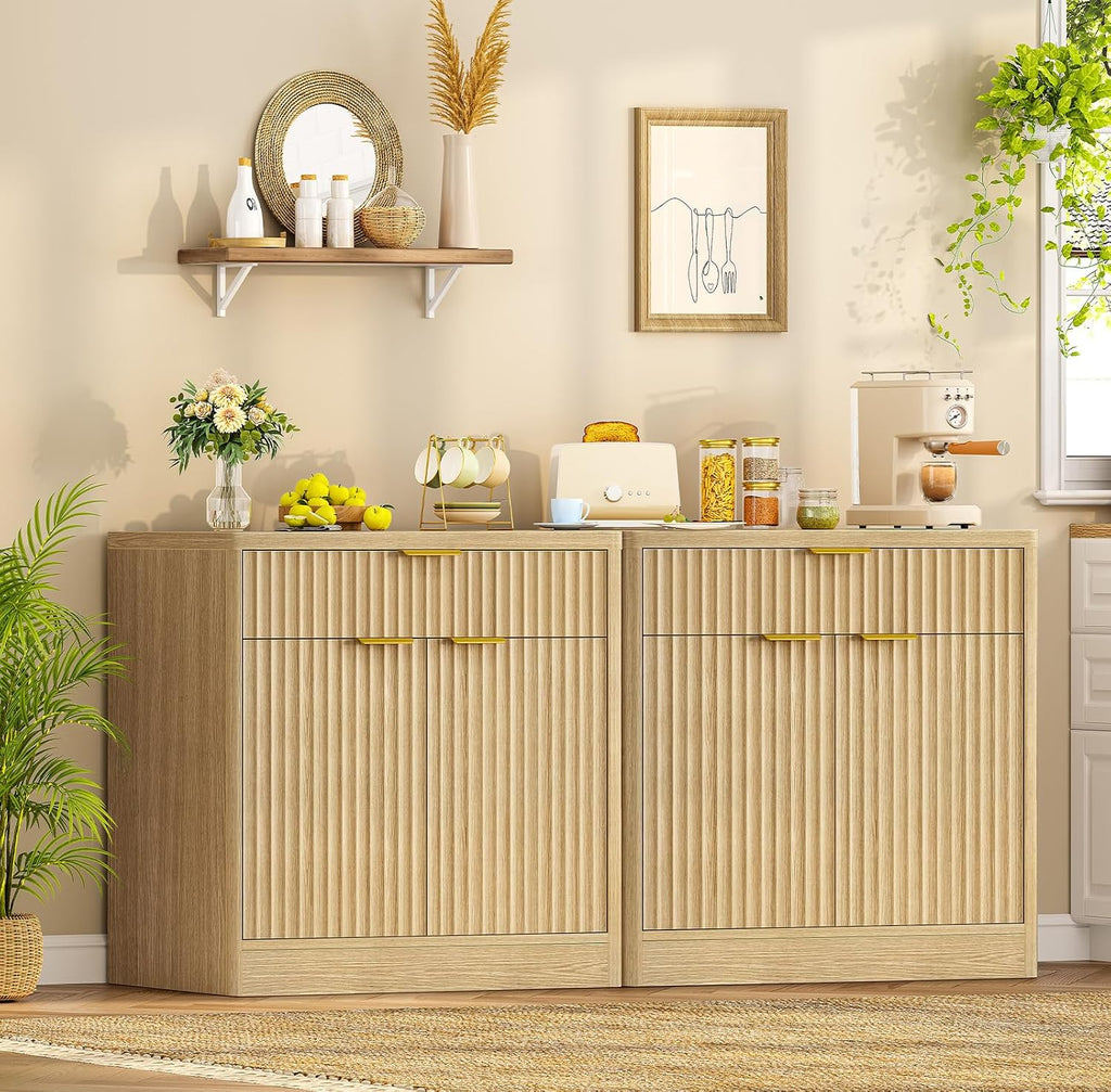 Fluted Buffet Cabinet with Storage, 31.5" Sideboard Cabinet, Coffee Bar Cabinet with 2 Doors and Adjustable Shelf for Living Room, Kitchen, Entryway, Natural