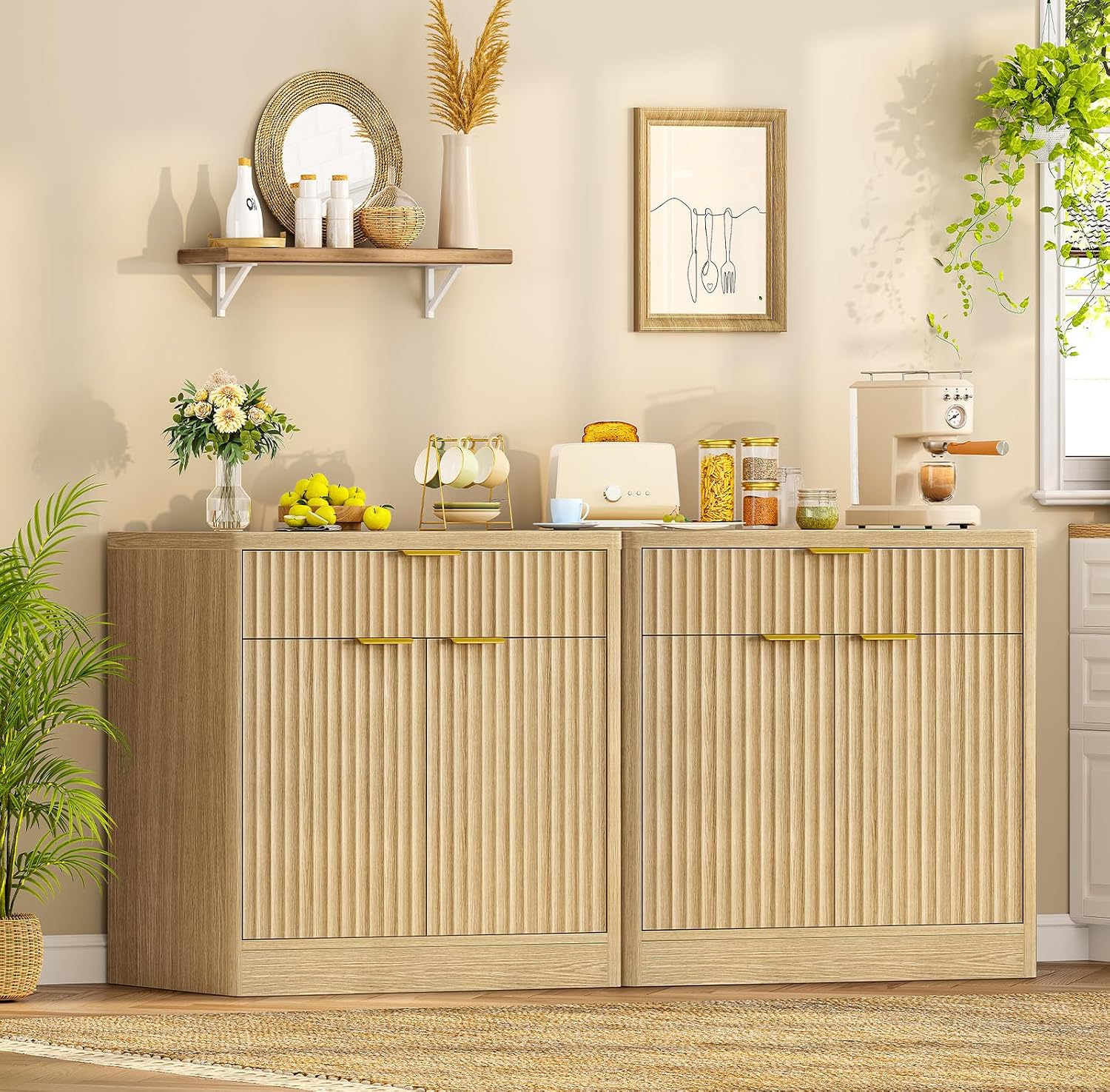 Fluted Buffet Cabinet with Storage, 31.5" Sideboard Cabinet, Coffee Bar Cabinet with 2 Doors and Adjustable Shelf for Living Room, Kitchen, Entryway, Natural