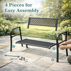 Heavy Duty Black Metal Patio Garden Bench for 2 – Durable Steel, Weather Resistant – Geometric Backrest – Ideal for Garden, Lawn, Yard Seating – Black