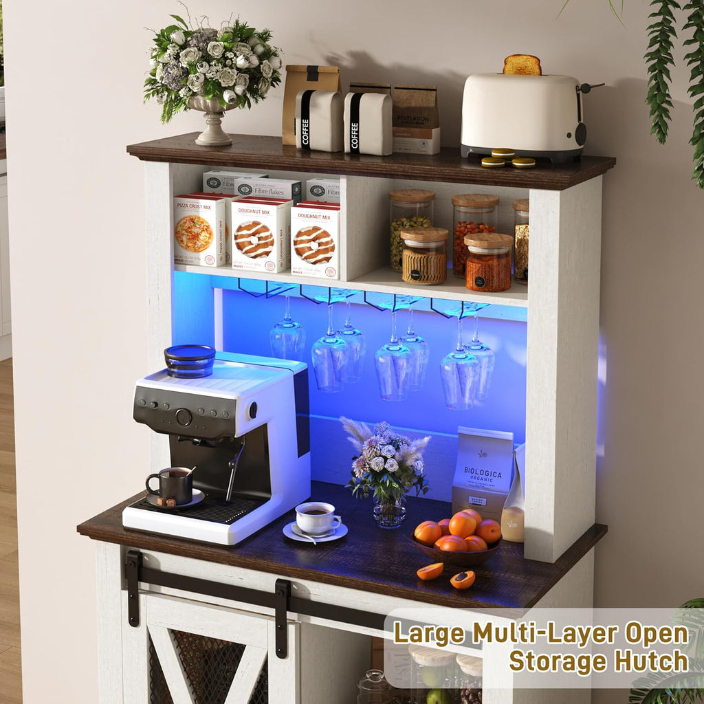 31.5"Wide Farmhouse Coffee Bar Cabinet with LED Light,Wine Bar Cabinet w/2 Storage Hutch,Kitchen Buffet Cabinet w/Sliding Barn Door & Wine and Glass Racks for Kitchen Dining Room(Antique White)