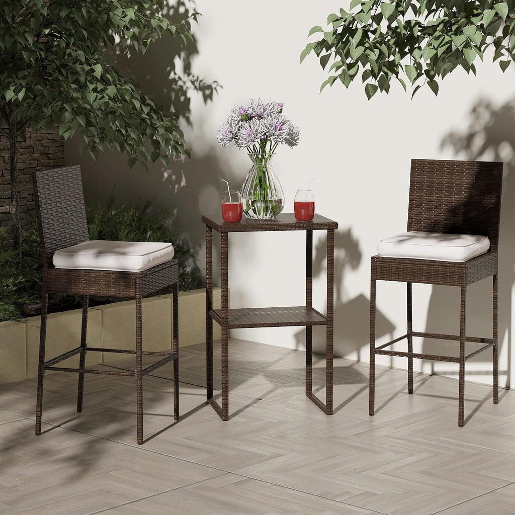 Sundale Outdoor Bar Stools 30 Inch Seat Height Set of 2, Patio Wicker Counter Stools with Back Rest, High Brown Rattan Chair with Pillow & Beige Cushion, All-Weather Armless Tall Pub Barstool