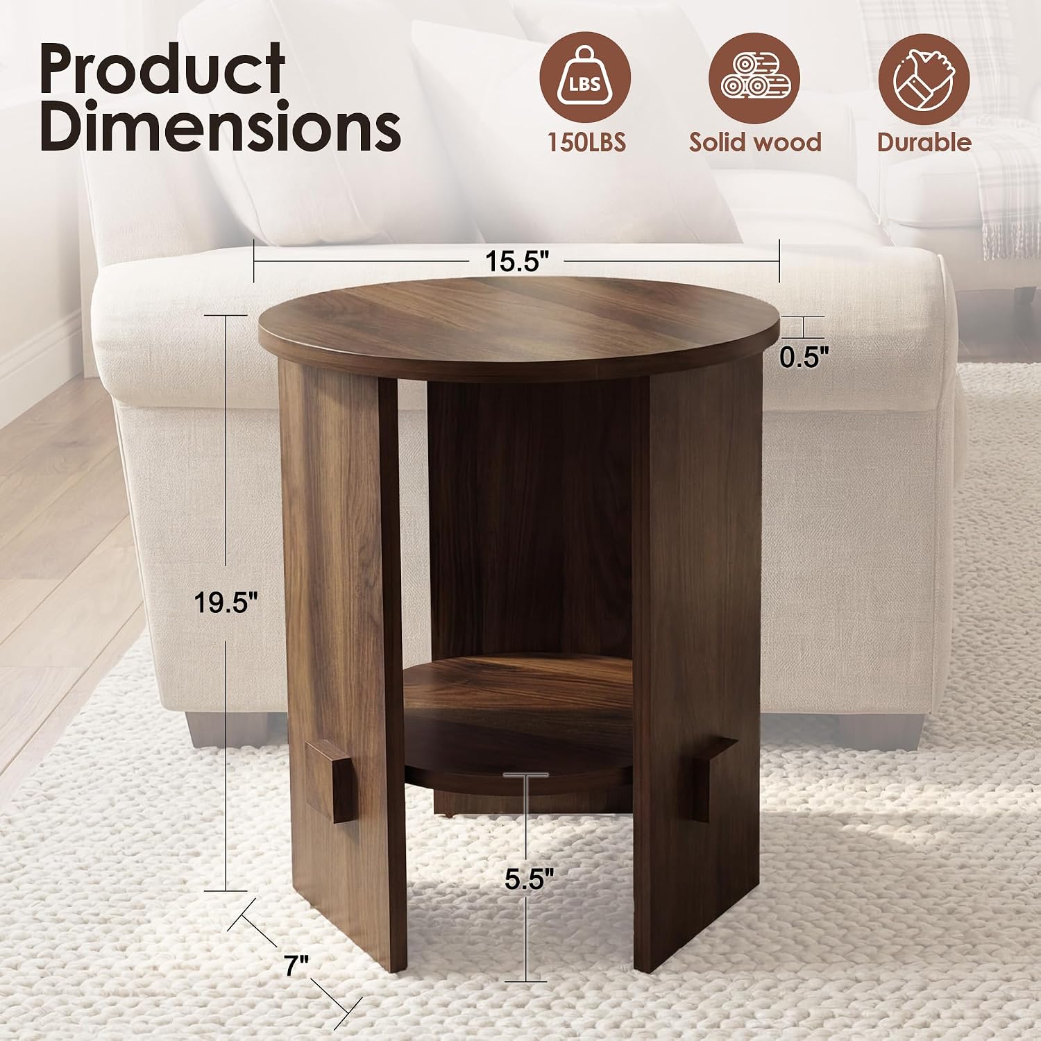 chairus Round Side Table, 15.5" Small End Table with 2-Tier Open Storage, Modern Nightstand for Living Room Bedroom, Compact Accent Furniture for Small Spaces, Walnut