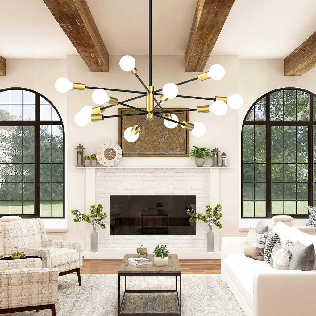 Sputnik Chandelier 12-Light, Mid Century Modern Height Adjustable Ceiling Light Fixture for Dining Room, Kitchen Island, Living Room,Bedroom-Black and Gold