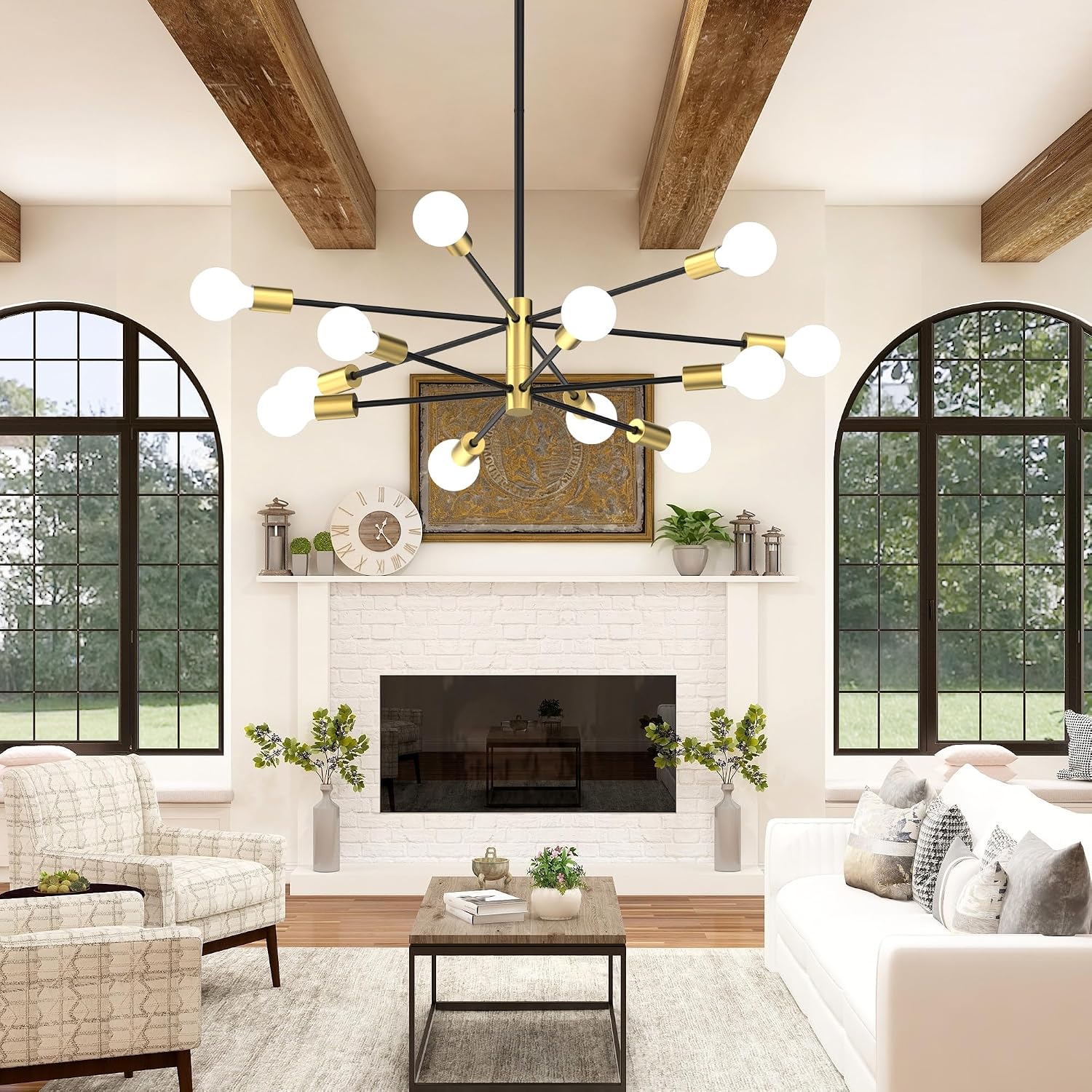 Sputnik Chandelier 12-Light, Mid Century Modern Height Adjustable Ceiling Light Fixture for Dining Room, Kitchen Island, Living Room,Bedroom-Black and Gold