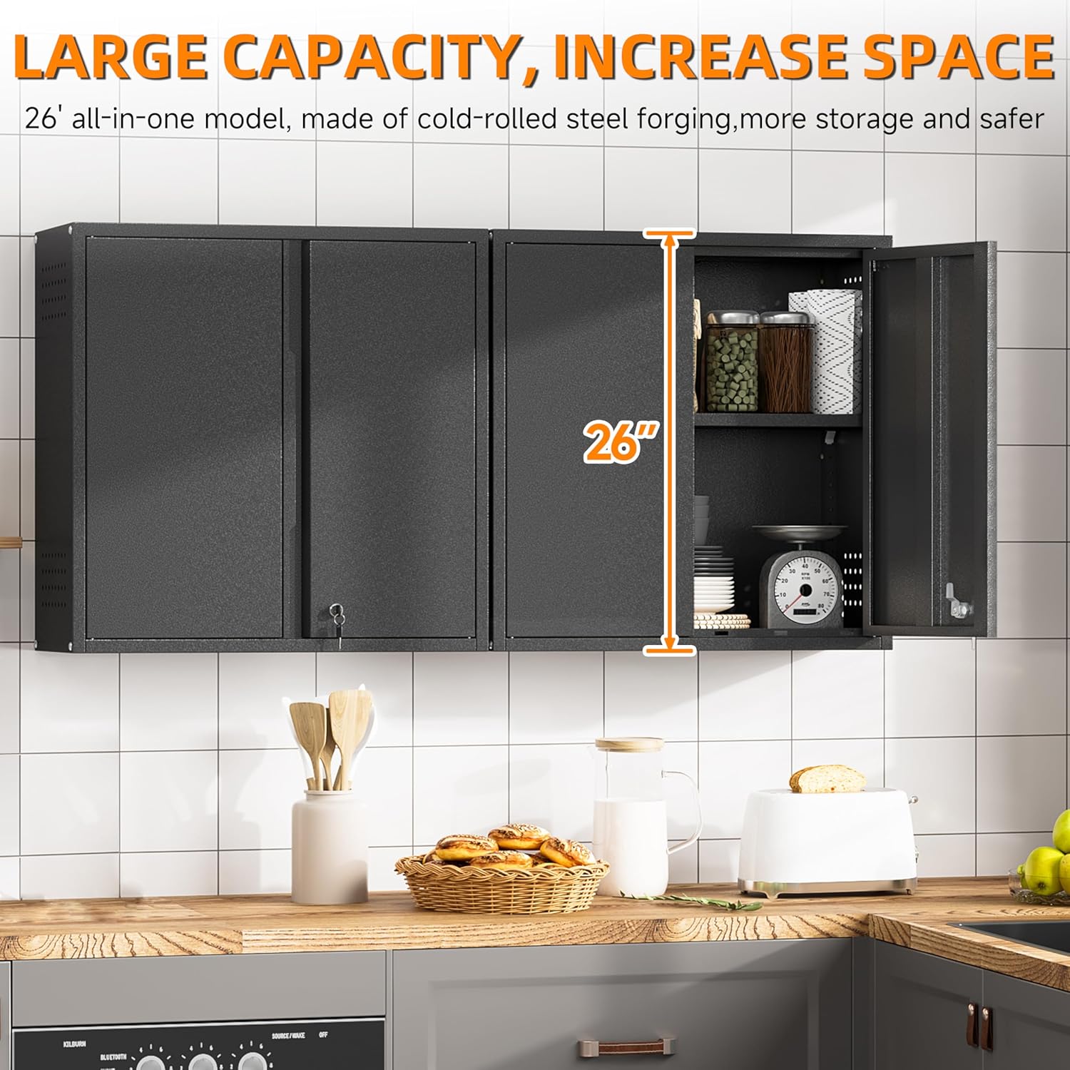 Garage Wall Cabinet, Metal Wall Cabinet with 2 Doors | 26'' Black Wall Mounted Floating Tool Cabinets for Home Office, Warehouse, Kitchen, Bathroom, Utility Room