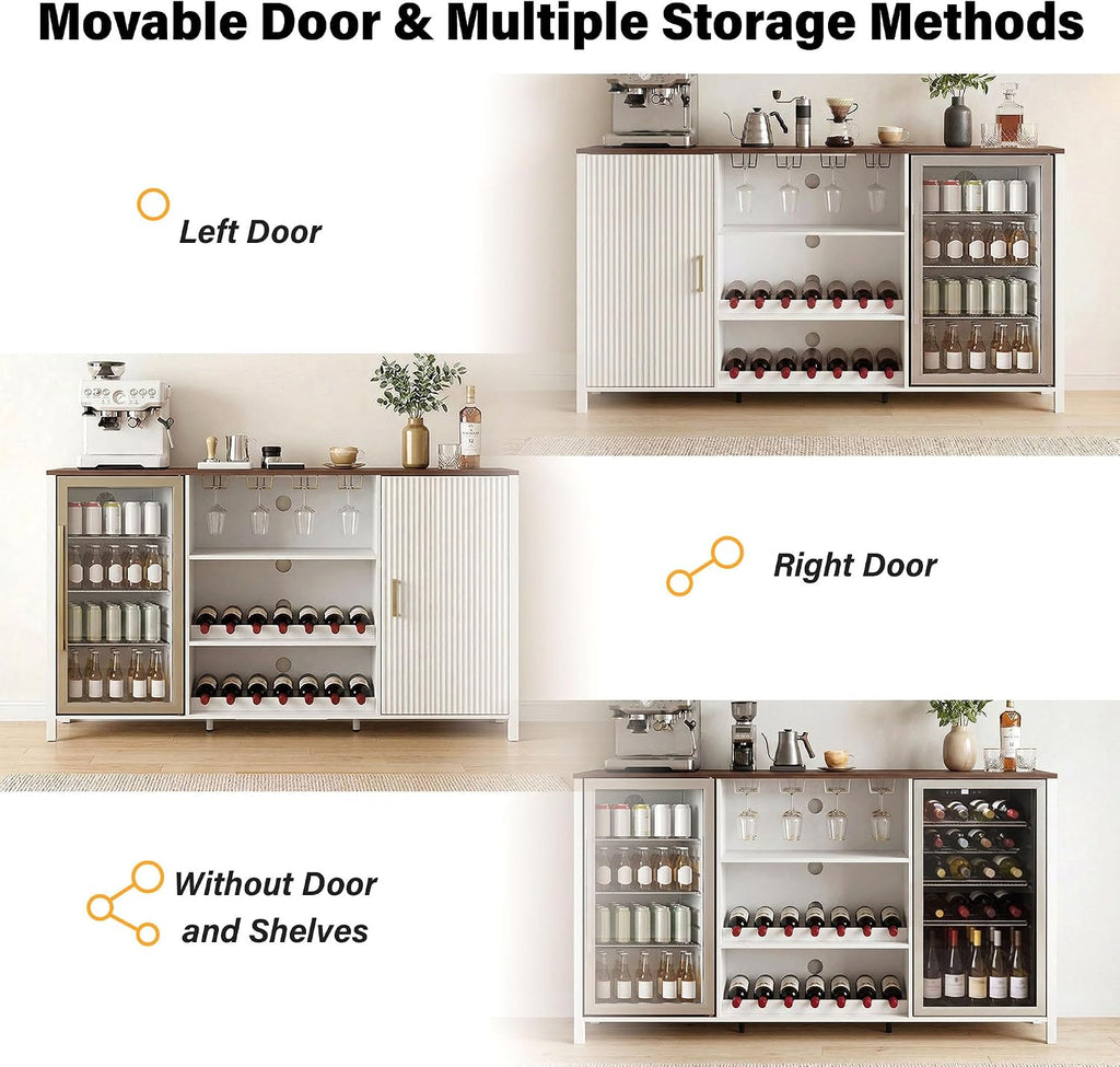 70" Large Coffee Bar Cabinet with Power Outlet, Mini Fridge Cabinet with Adjustable Shelf Wine Rack Glass Holder Liquor Wine Bar Storage, White Fluted Buffet Sideboard Table for Kitchen Dining Room