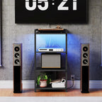 HOOBRO Game Console Shelf, 4-Tier Video Gaming Consoles Stand with Outlet & RGB Light, Audio Rack Tower for Turntable, Stereo Equipment, Wooden Entertainment Storage Stand, Black BB38UDCJ01