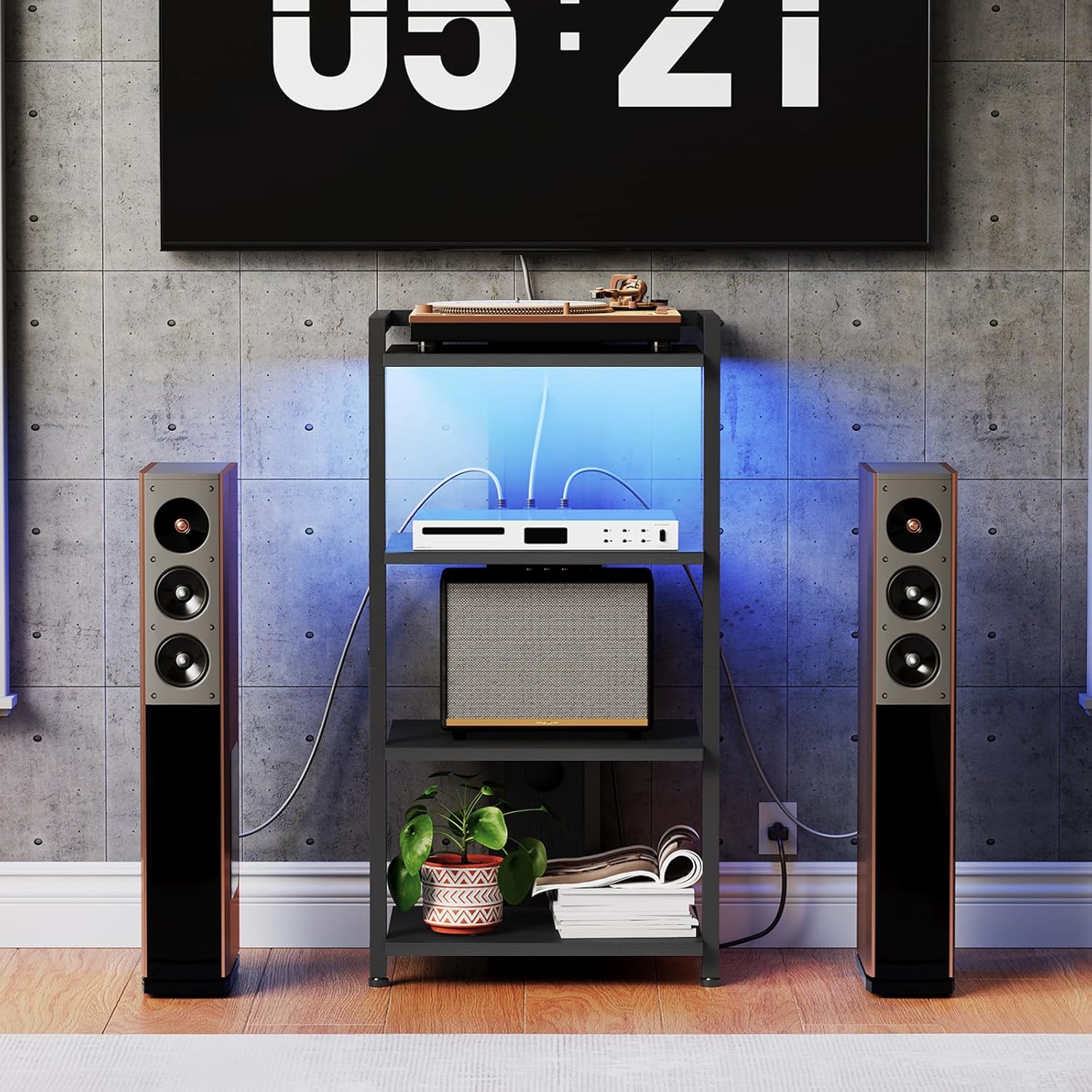 HOOBRO Game Console Shelf, 4-Tier Video Gaming Consoles Stand with Outlet & RGB Light, Audio Rack Tower for Turntable, Stereo Equipment, Wooden Entertainment Storage Stand, Black BB38UDCJ01