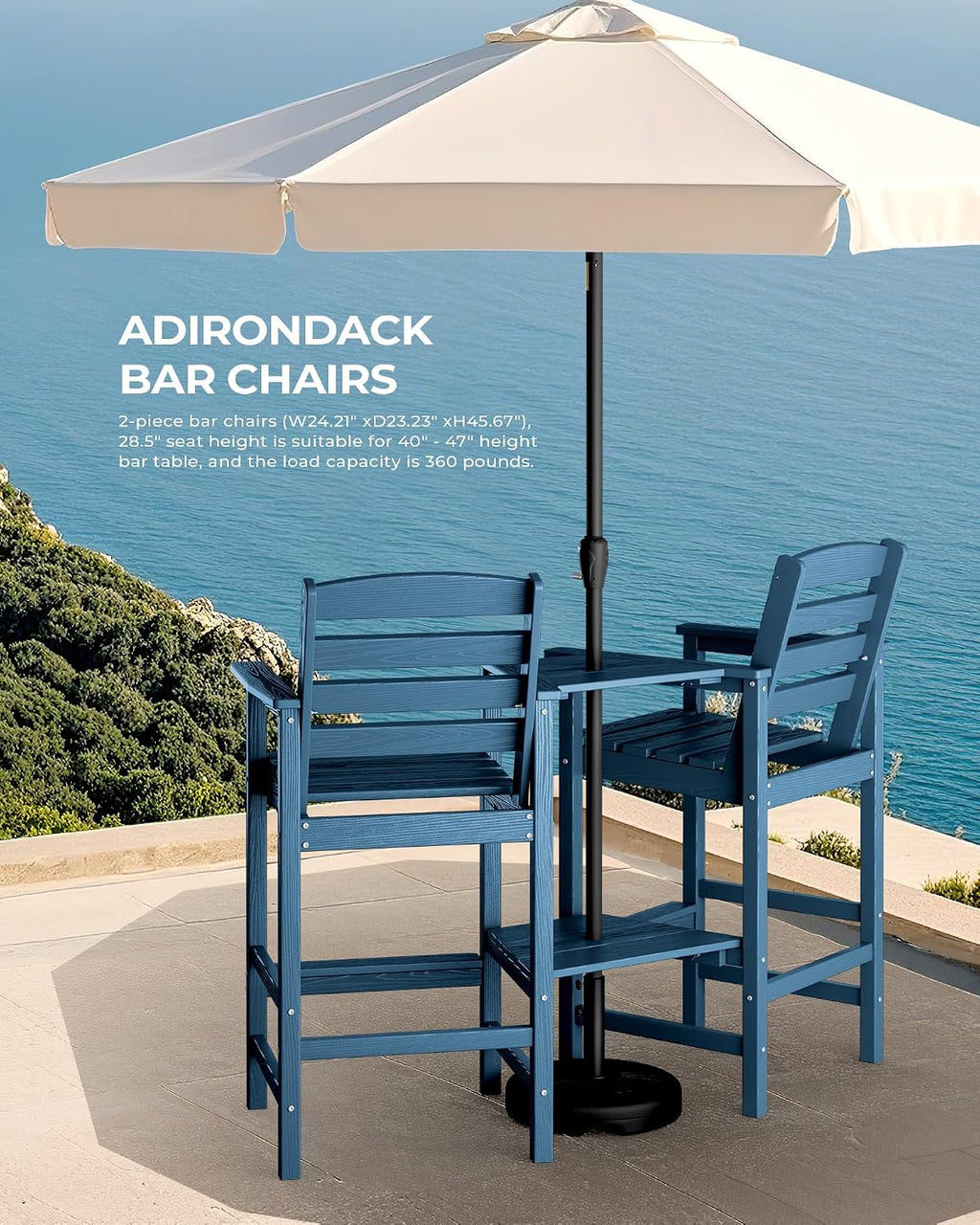 SERWALL Tall Adirondack Chairs Set of 2 with Connecting Table, Blue