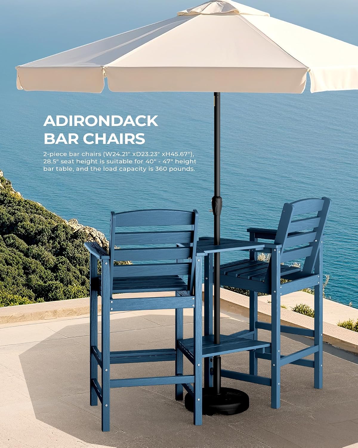 SERWALL Tall Adirondack Chairs Set of 2 with Connecting Table, Blue