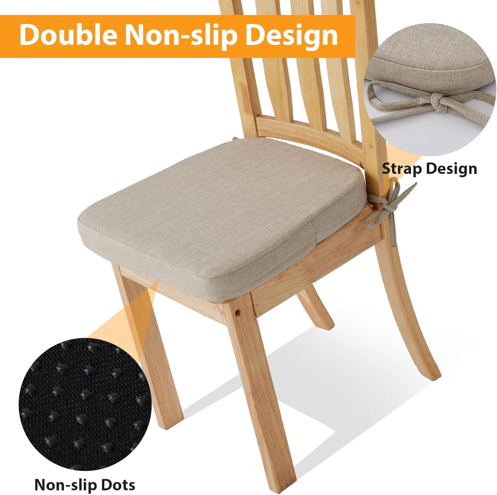 Ruqmuis Chair Cushions for Dining Chairs, 2" Thick Seat Cushions for Kitchen Chairs, D-Shaped Chair Pads with Washable Cover, Ties and Non Slip Backing, 17'' x 16'', Set of 4, Beige