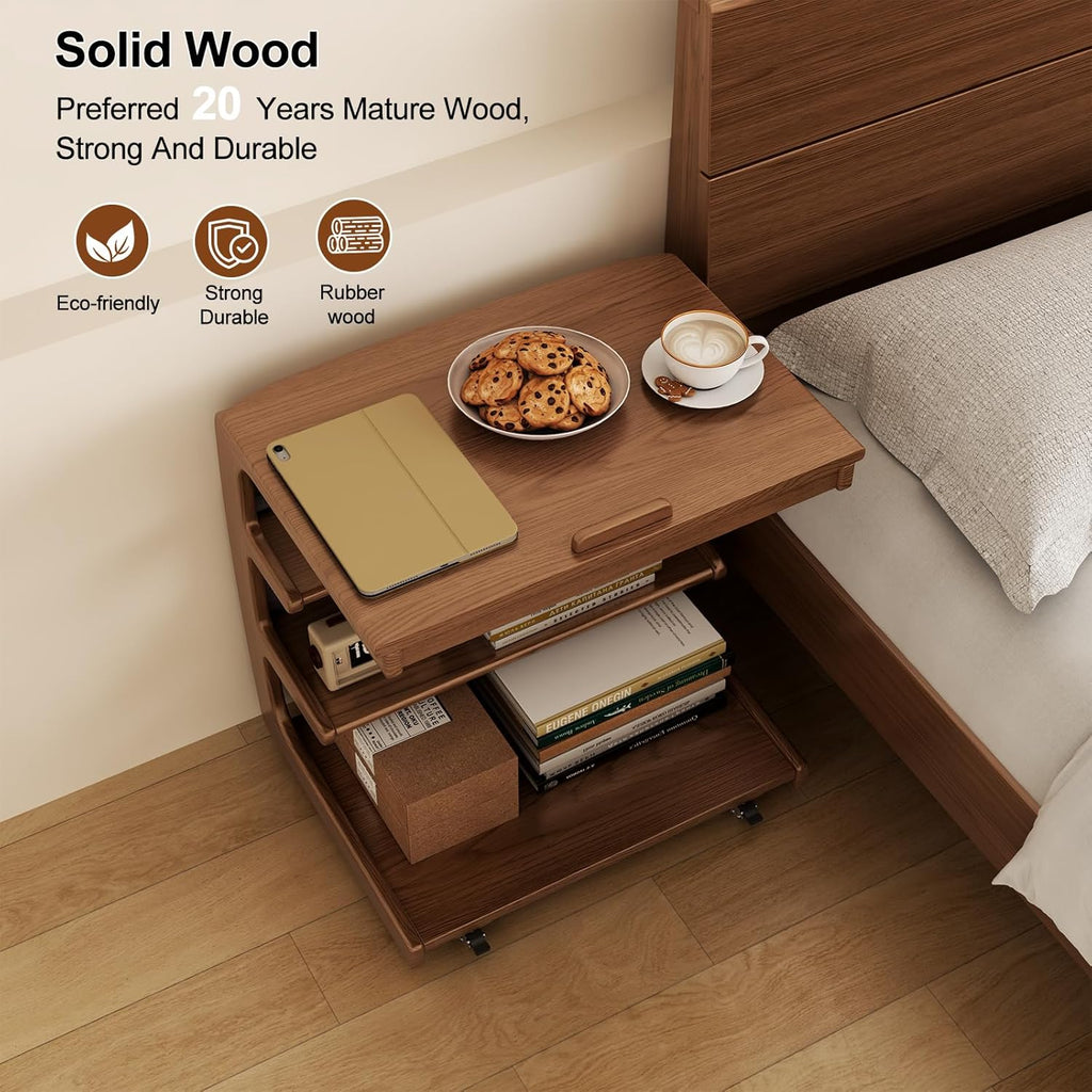 AQIMUELE Rolling Side Table, C Shaped End Table, C Table with 4 Wheels Solid Wood Small Rolling Desk with Adjustable Desktop,C Shaped End Table for Couch,Home Office(15.6" D x 23.6" W x 24.3" H)