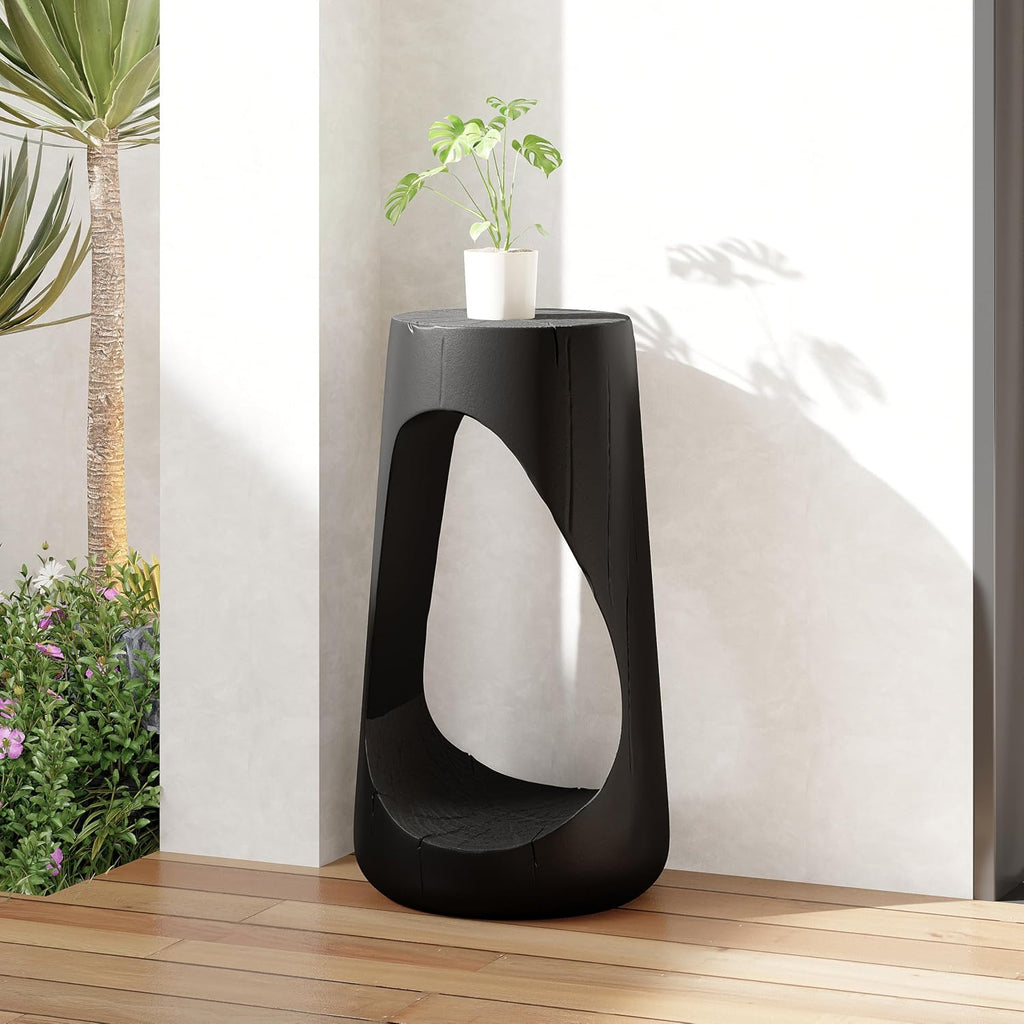 IRONORA Black Hollow Cutout Tree Stump Pedestal Side Table, Faux Wood Organic Sculpture Accent Stand, Tall Drum Display End Table for Living Room Entryway Hallway Wabi Sabi Decor