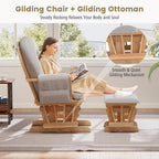 Costzon Nursery Glider with Ottoman, Upholstered Comfort Glider Rocker with Padded Cushion, Storage Pocket, Solid Wood Base, Rocking Chair Nursery for Breastfeeding, Napping (Natural)