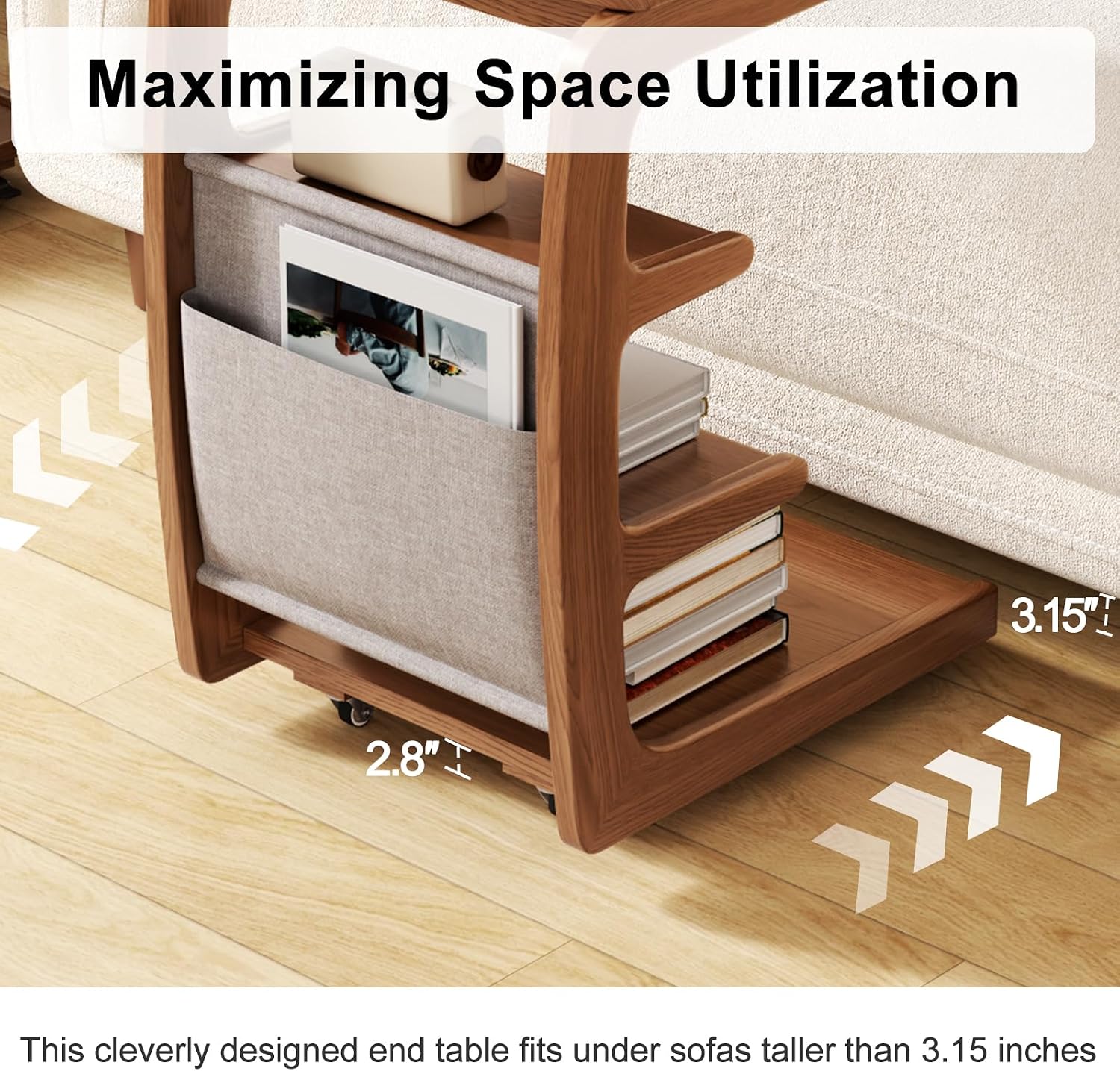 AQIMUELE Rolling Side Table, C Shaped End Table, C Table with 4 Wheels Solid Wood Small Rolling Desk with Adjustable Desktop,C Shaped End Table for Couch,Home Office(15.6" D x 23.6" W x 24.3" H)