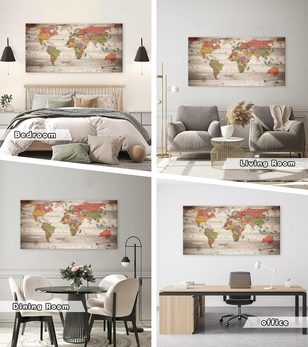 Vintage World Map Wall Art, Large Antique Style Map on Wood Plank Background, Retro Political World Map Poster for Living Room, Office, Study Decor, Canvas Print/Wall Decor