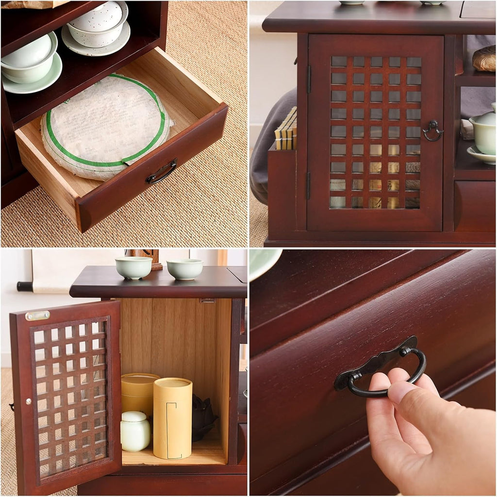 Japanese Tea Cabinet Floor Table, Paulownia Wood Side Table with Tray and Storage, 22x12x15in, for Tea Brewing, Living Room, Tea Room