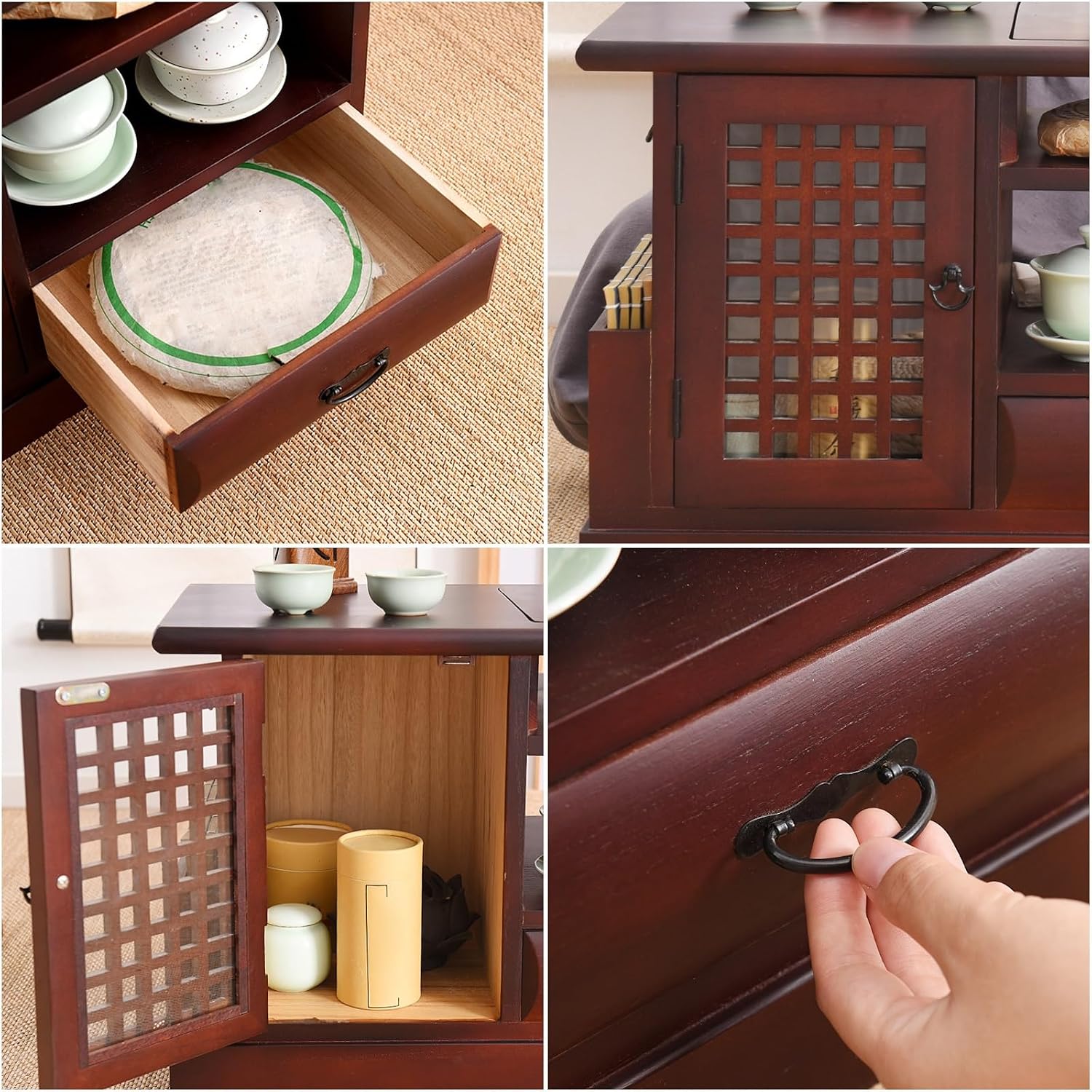 Japanese Tea Cabinet Floor Table, Paulownia Wood Side Table with Tray and Storage, 22x12x15in, for Tea Brewing, Living Room, Tea Room