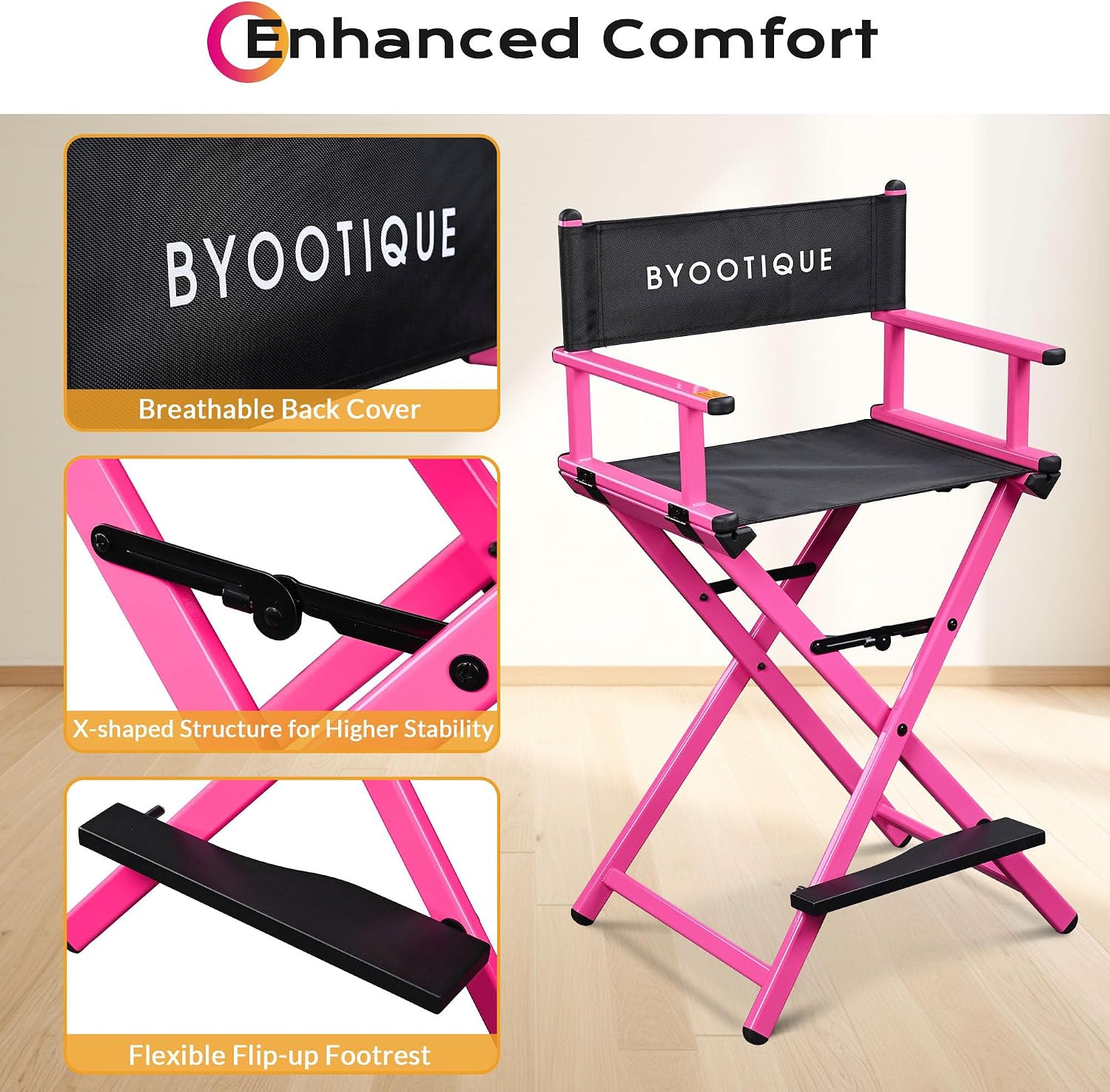 BYOOTIQUE 28" Makeup Artist Stool Chair Folding Director Chair Camping Chair with Comfortable Footrest for Makeup Studio Salon Event Mobile Service,Pink