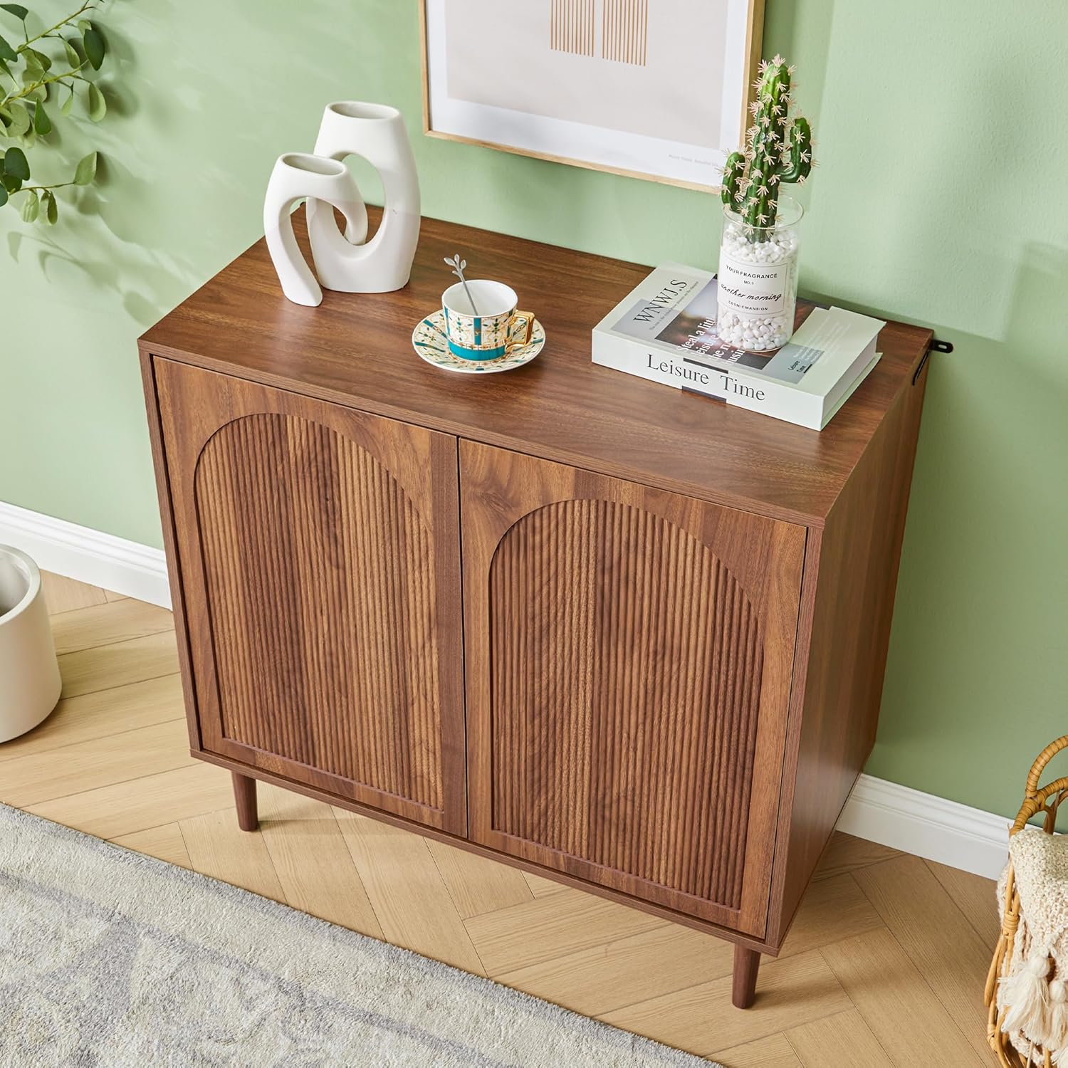 Bifins 94.5” Fluted Sideboard Buffet Cabinet with Storage,Mid Century Modern Long Wood Storage Cabinet with Arched Profile for Dining Room Kitchen Living Room