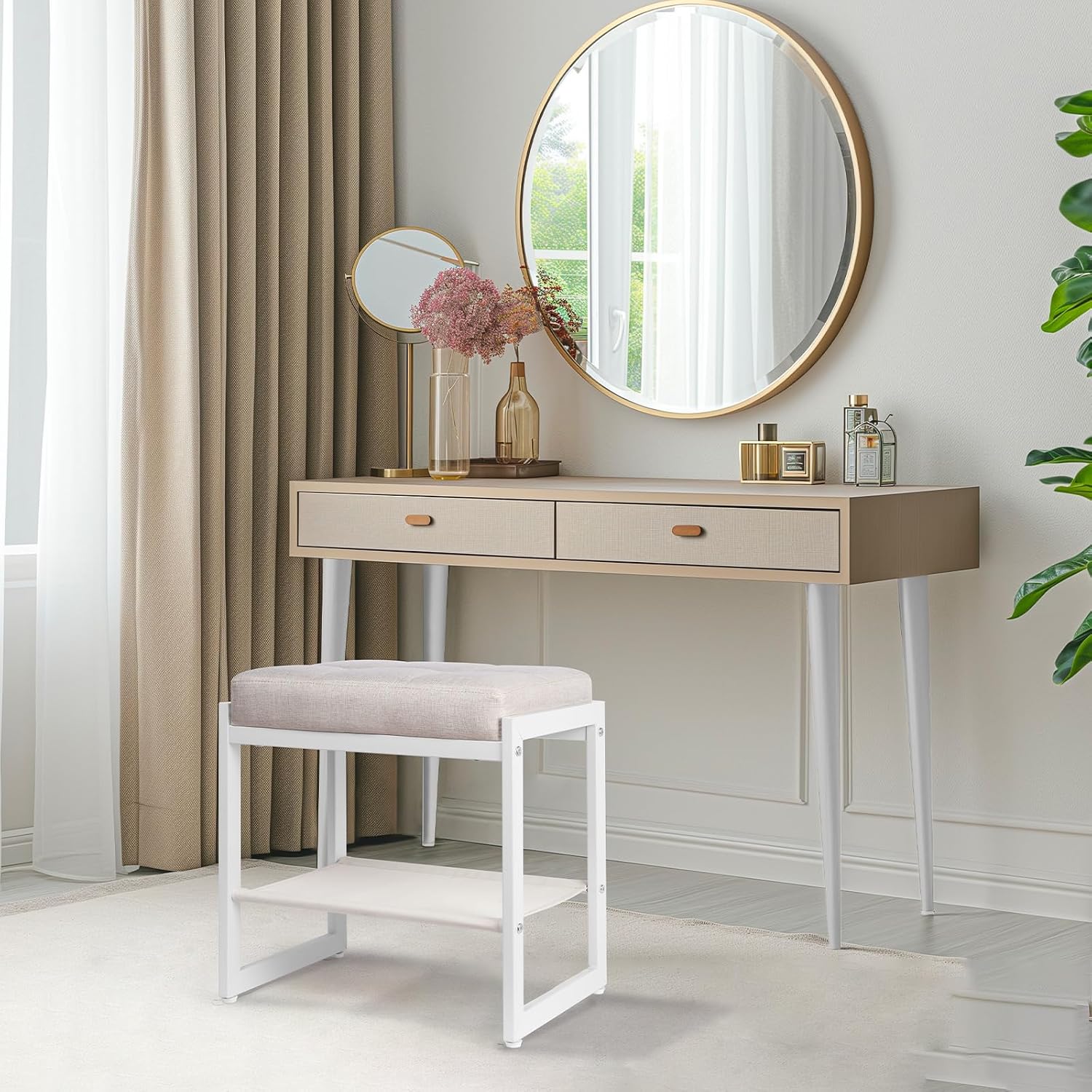 Vanity Stool, Makeup Vanity Chair for Vanity, Ottoman Seat for Bedroom Makeup Living Room,Foot Stool Foot Rest, (Beige&White)