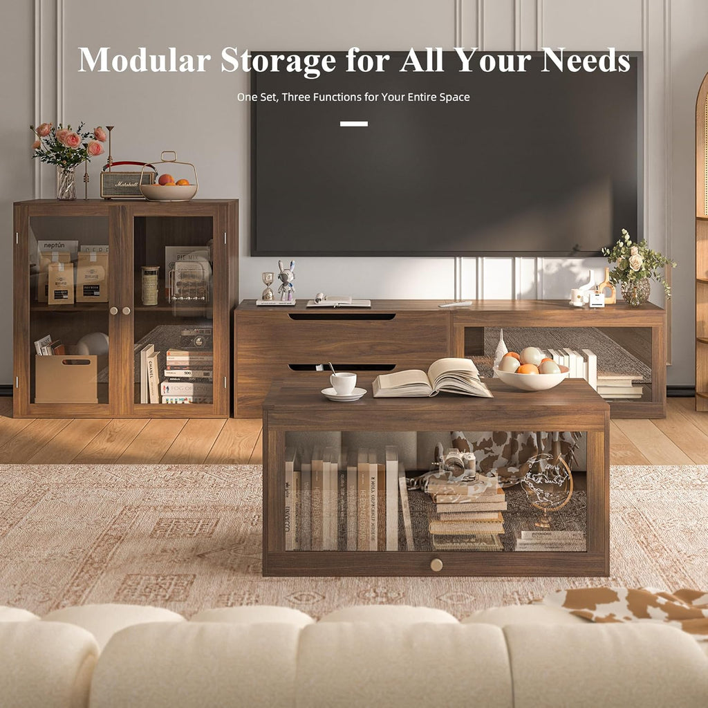 DIY Storage Cabinet 63'' Walnut - Glass Doors & Drawers Sideboard Buffet, Modern Coffee Bar for Living Room Kitchen Dining Entryway (Easy Assembly, Anti-Tip)