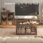 DIY Storage Cabinet 63'' Walnut - Glass Doors & Drawers Sideboard Buffet, Modern Coffee Bar for Living Room Kitchen Dining Entryway (Easy Assembly, Anti-Tip)