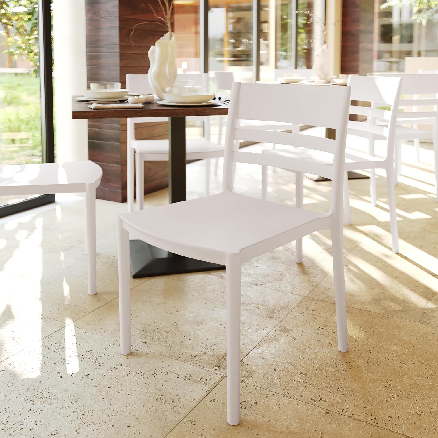 Flash Furniture Bridgeport Slat Back Patio Chair with Contoured Seat, Commercial All-Weather Stacking Resin Chair, UV Resistant, Indoor-Outdoor, White, Set of 4